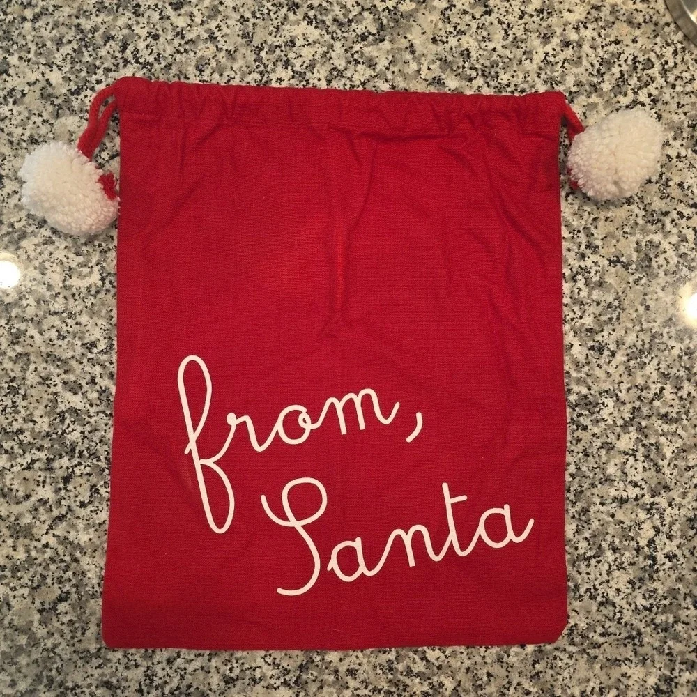 Christmas Santa Gift Bag Red Drawstring White Pom-Poms 17x14 EXCELLENT